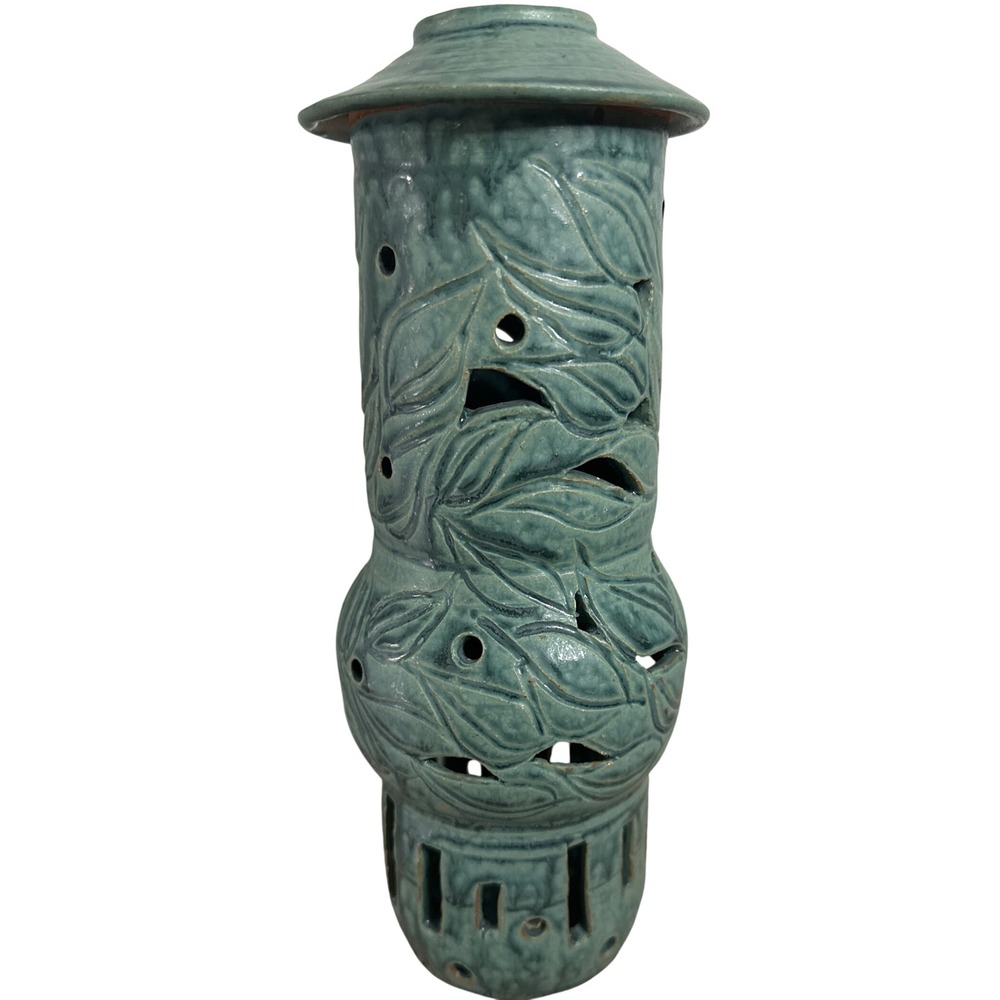 Signed Studio Pottery Green Carved Leaf Luminary 11.5" Zen Rustic Arts & Crafts